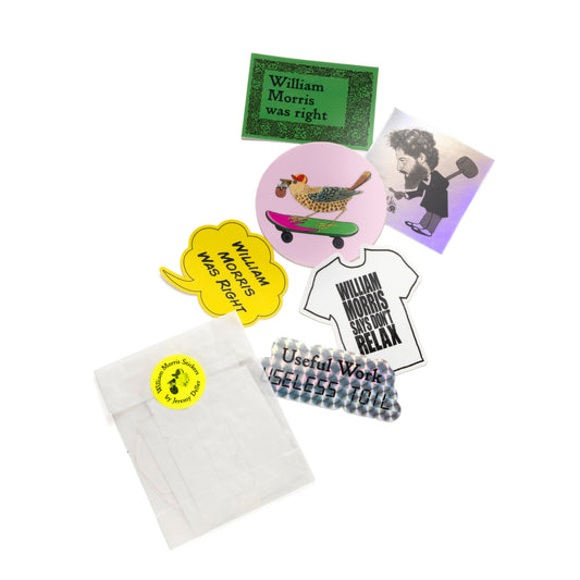 A collection of 6 stickers designed by Jeremy Deller, presented in a glassine envelope with a variety of colors and contents, including text and imagery related to William Morris.