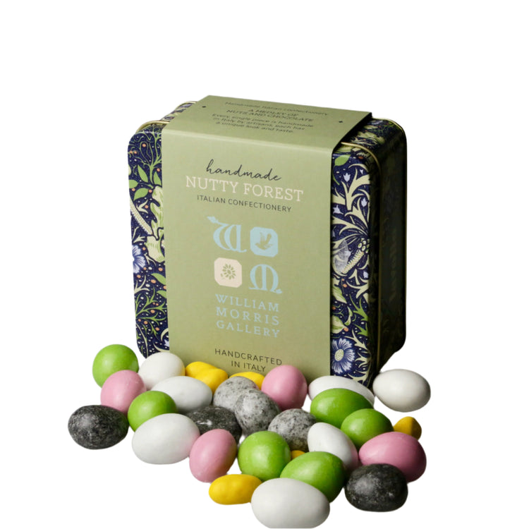 Tin of William Morris Gallery Nutty Forest candies on a gray background