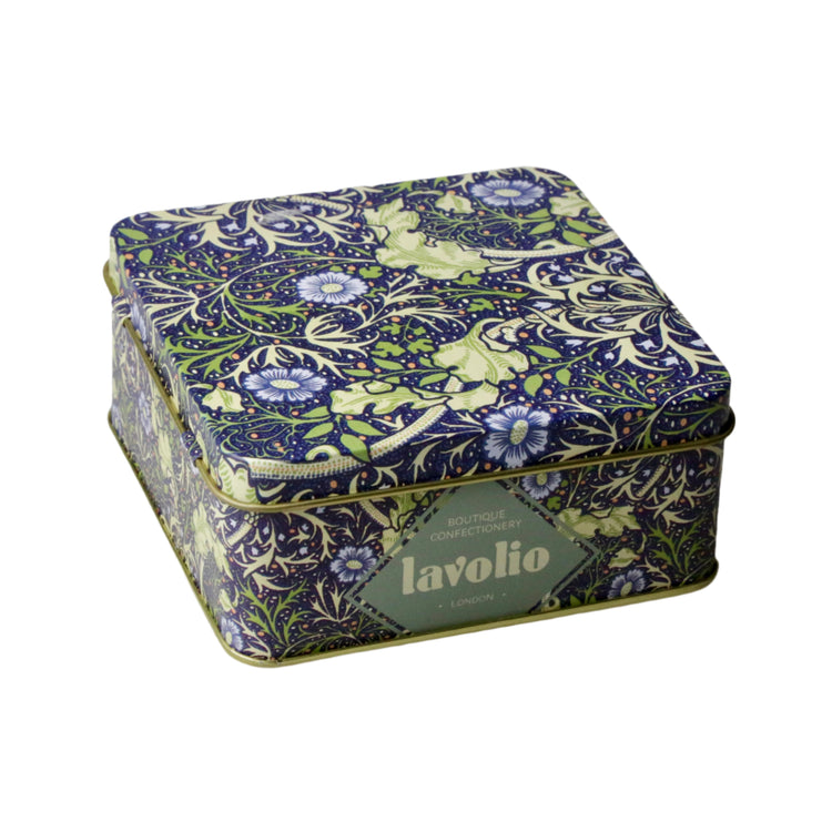 Decorative tin box with floral pattern and 'Lavolio' branding on a gray background