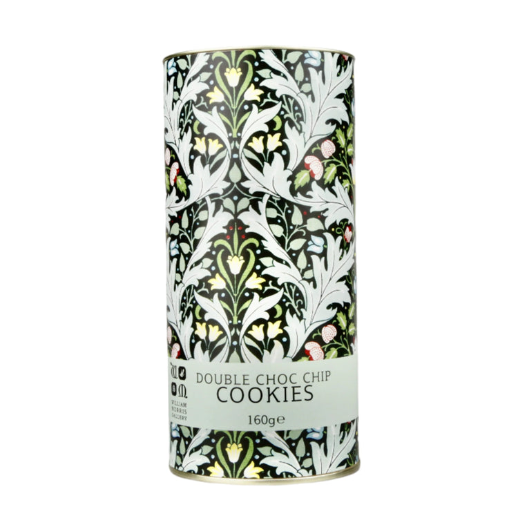 Cylindrical cookie packaging with decorative design on a gray background