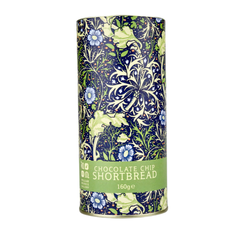 Floral-patterned cylindrical cookie tin with 'Chocolate Chip Shortbread' text on a gray background