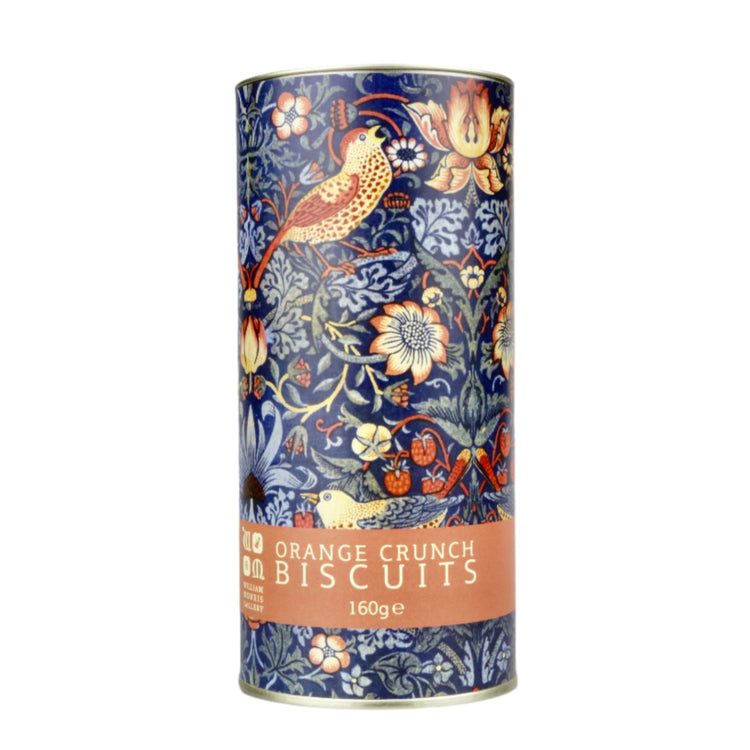 Decorative canister for orange crunch biscuits with floral and bird design on a gray background