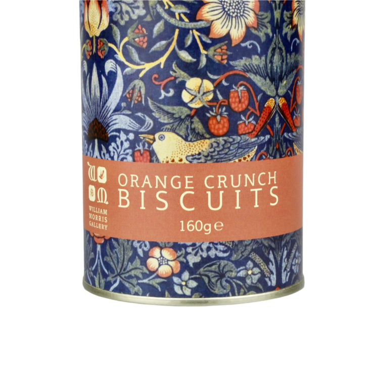 Can of Orange Crunch Biscuits with decorative design on a gray background