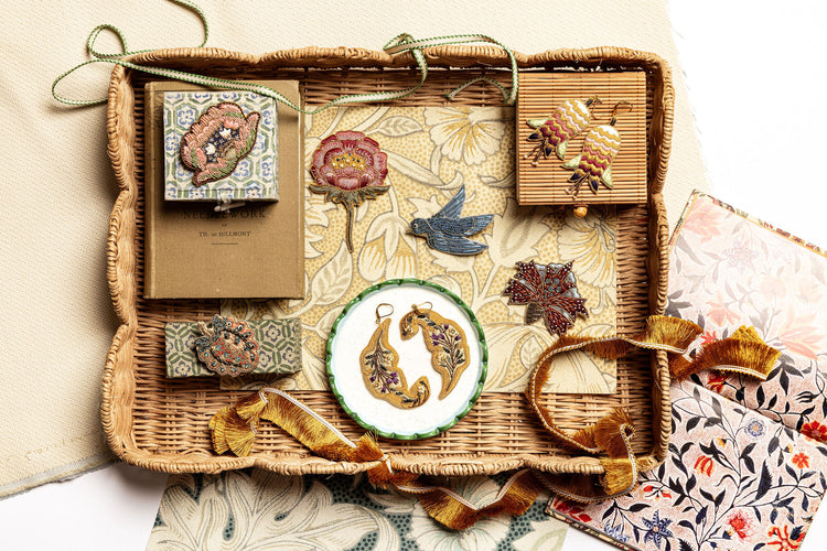 May Morris Inspired Hand Embroidered Peony Brooch by Hand & Lock