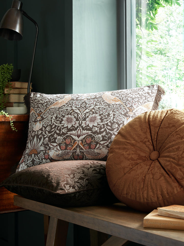 Saffron Strawberry Thief Embossed 38cm William Morris At Home Circular Cushion