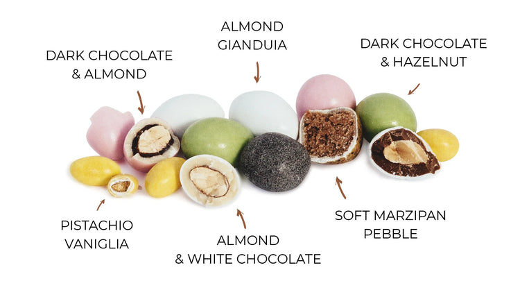 Assorted chocolate truffles with labels on a white background