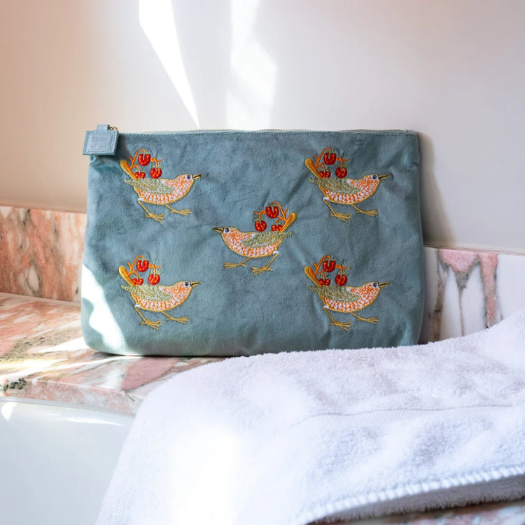 William Morris At Home Strawberry Thief Embroided Velvet Pouch, Large