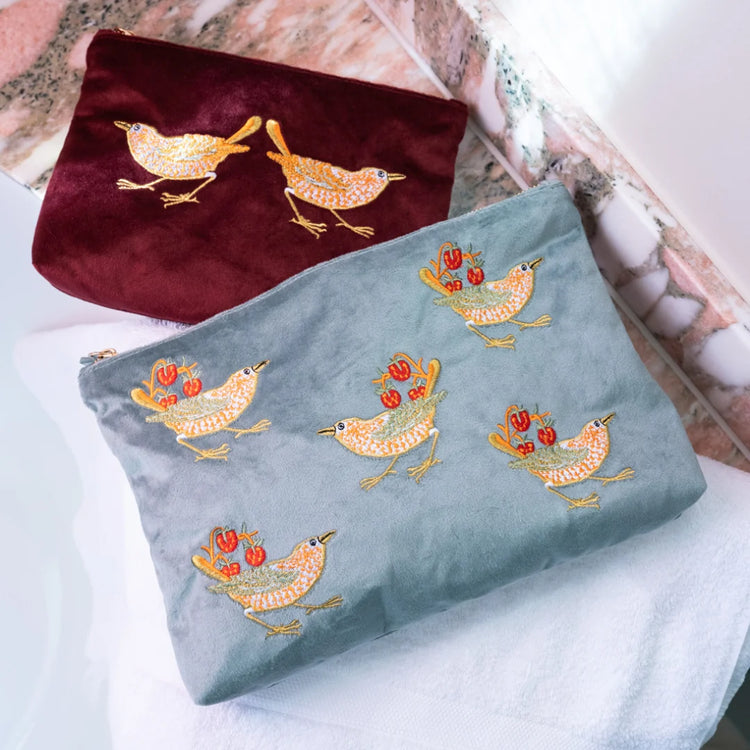 William Morris At Home Strawberry Thief Embroided Velvet Pouch, Large