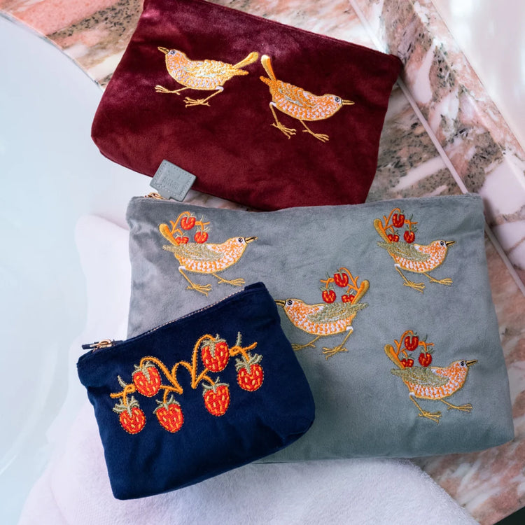 William Morris At Home Strawberry Thief Embroided Velvet Pouch, Large