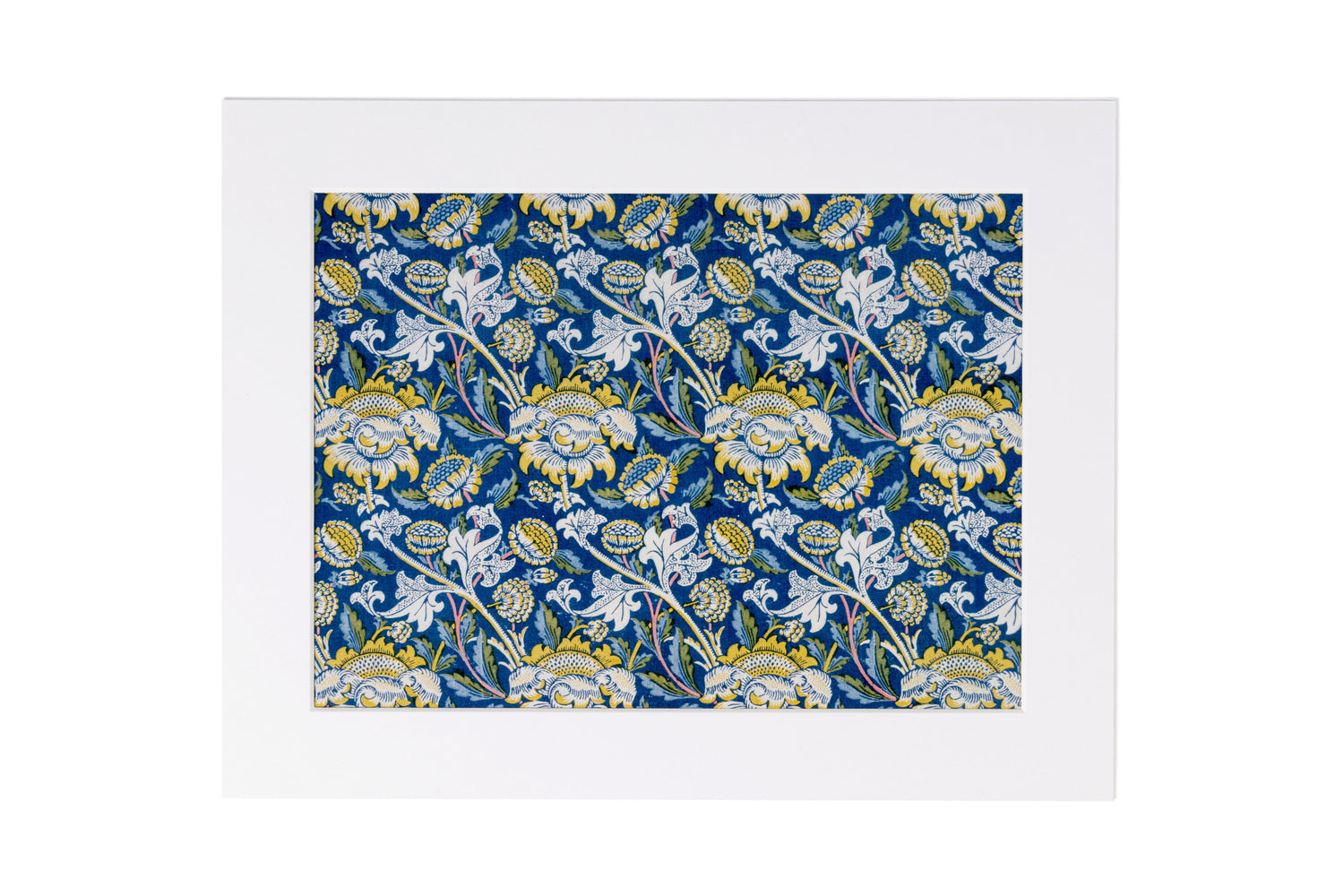 A framed art print featuring a classic William Morris-style floral and paisley pattern in navy blue, white, and yellow, set against a clean white background.