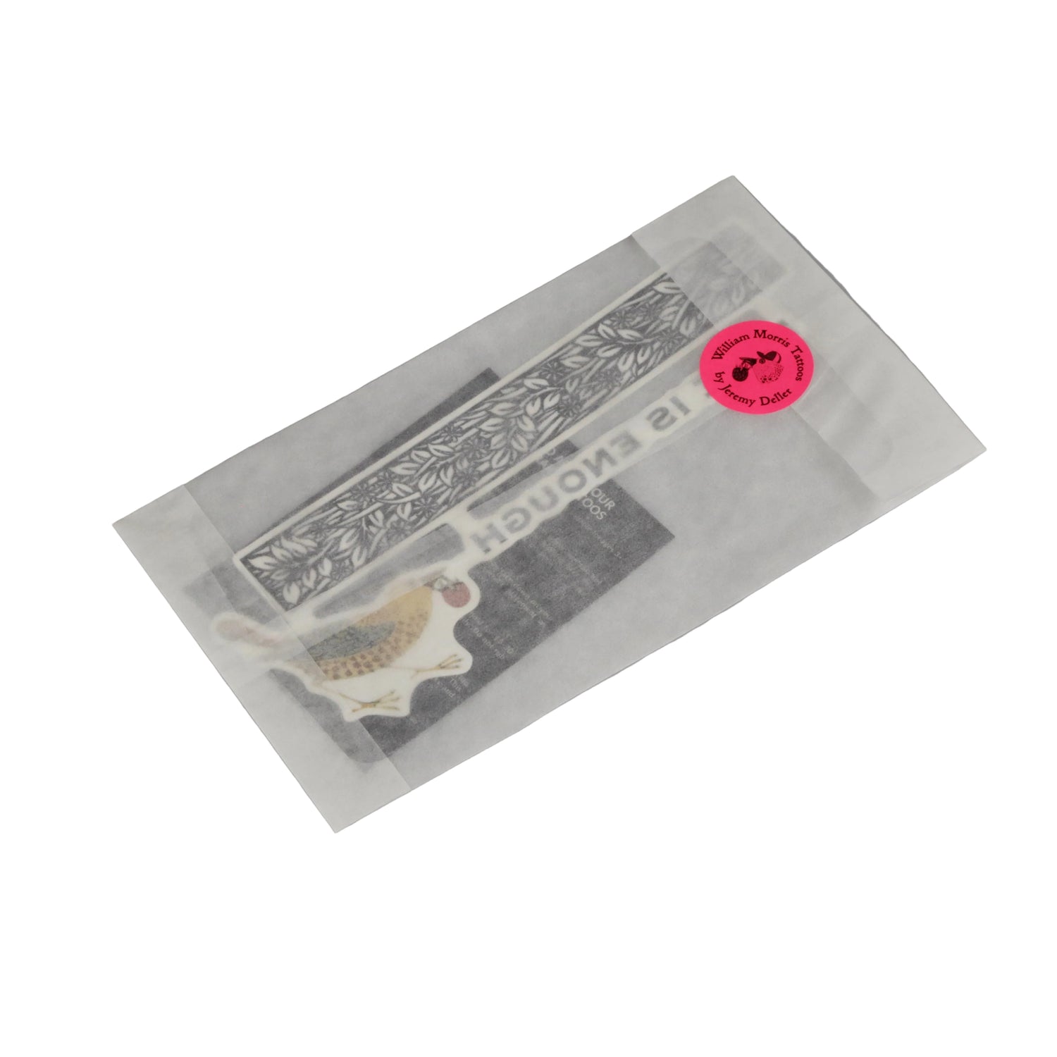 Clear plastic packaging with a printed label on a gray background