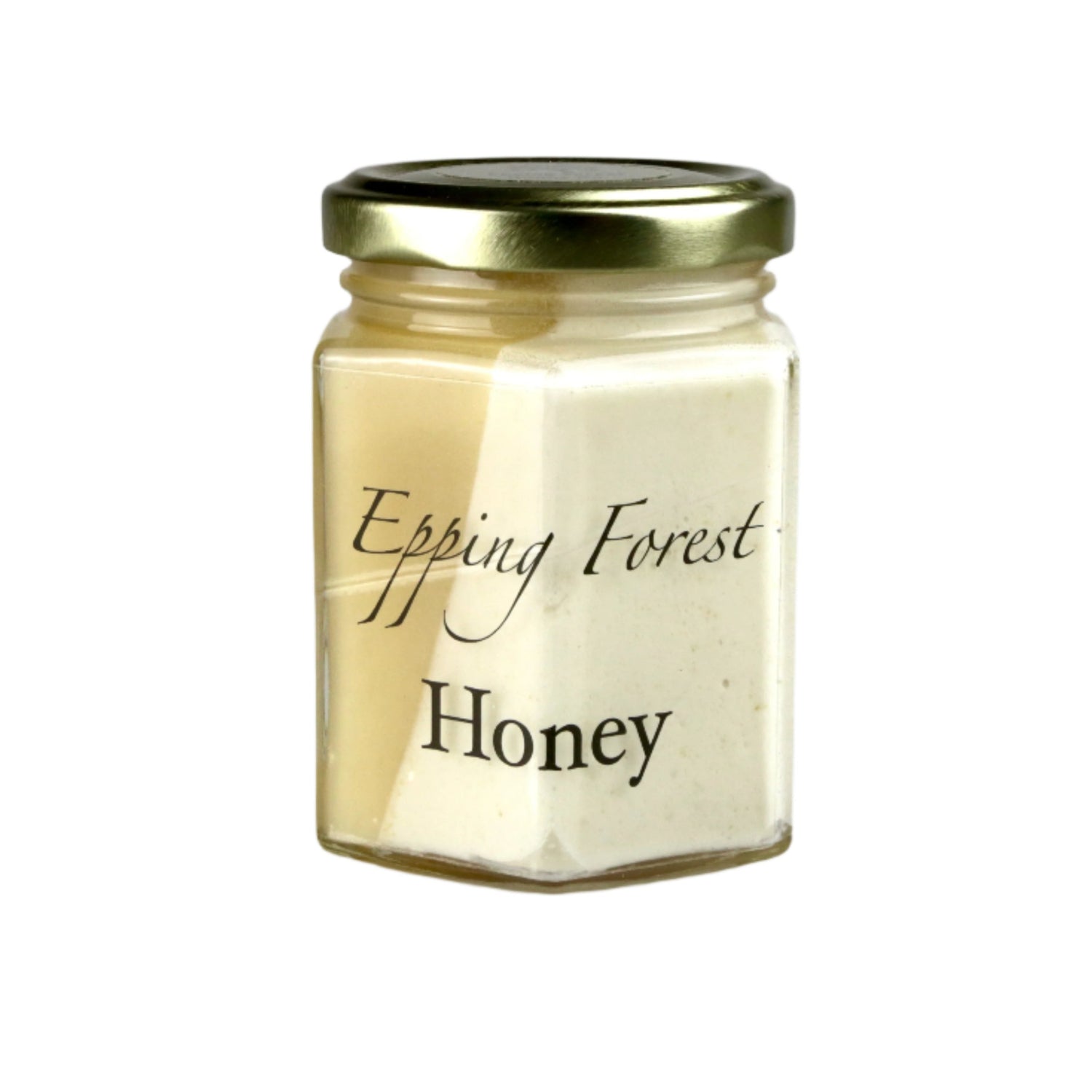 Jar of Epping Forest Honey on a gray background