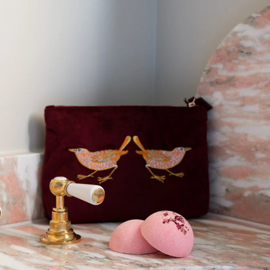 William Morris At Home Strawberry Thief Embroided Velvet Pouch, Medium