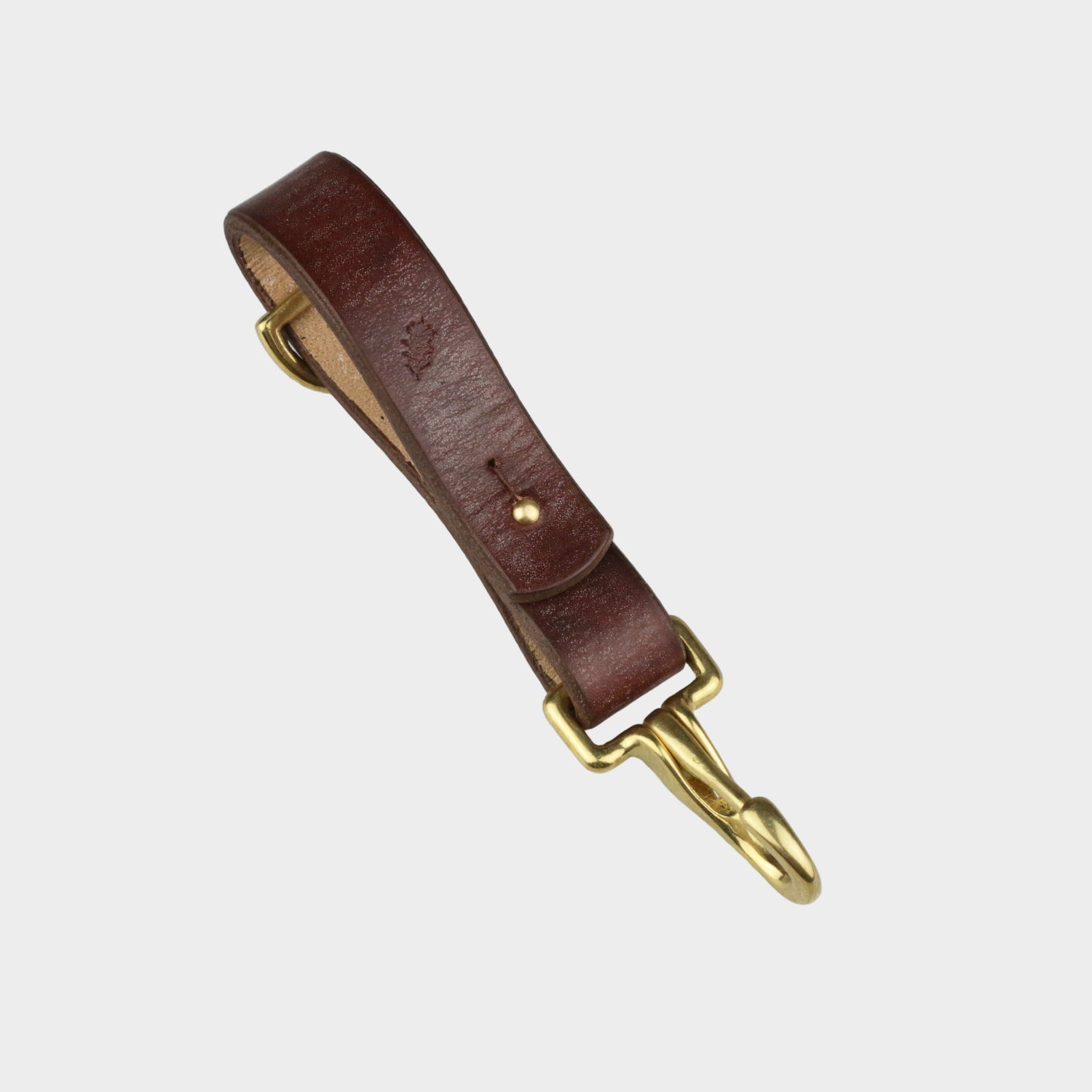 Brown leather strap with gold hardware on a light gray background