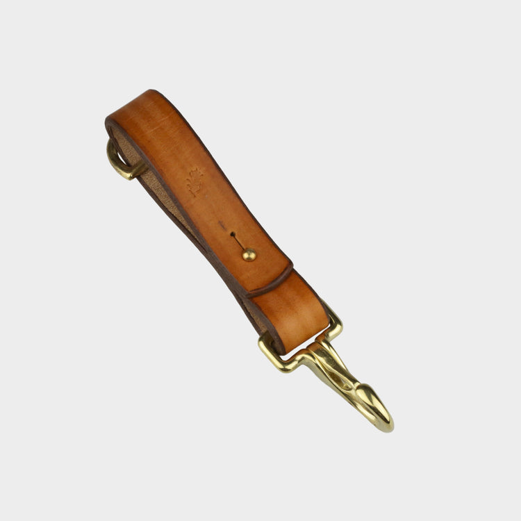 Brown leather strap with gold hardware on a light gray background