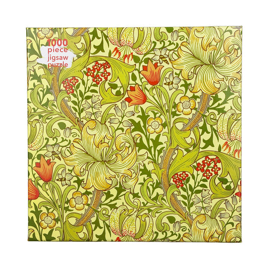 Floral patterned puzzle box with '1000 piece jigsaw puzzle' text on a gray background