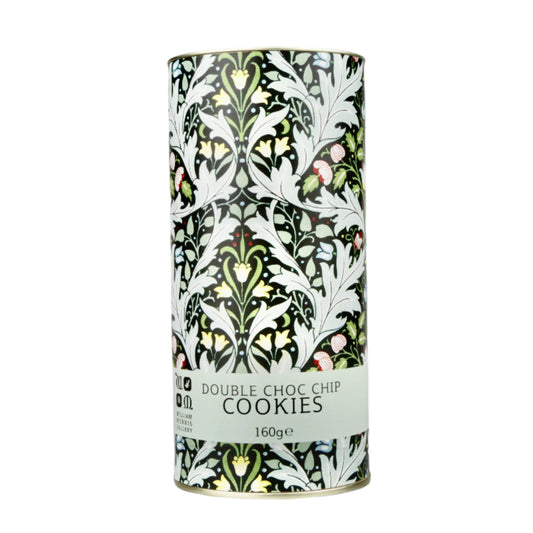 Cylindrical cookie packaging with decorative design on a gray background
