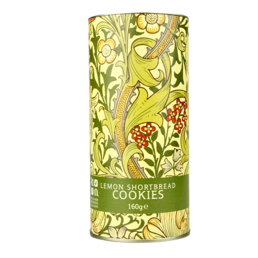 Decorative canister for lemon shortbread cookies with floral design on a gray background