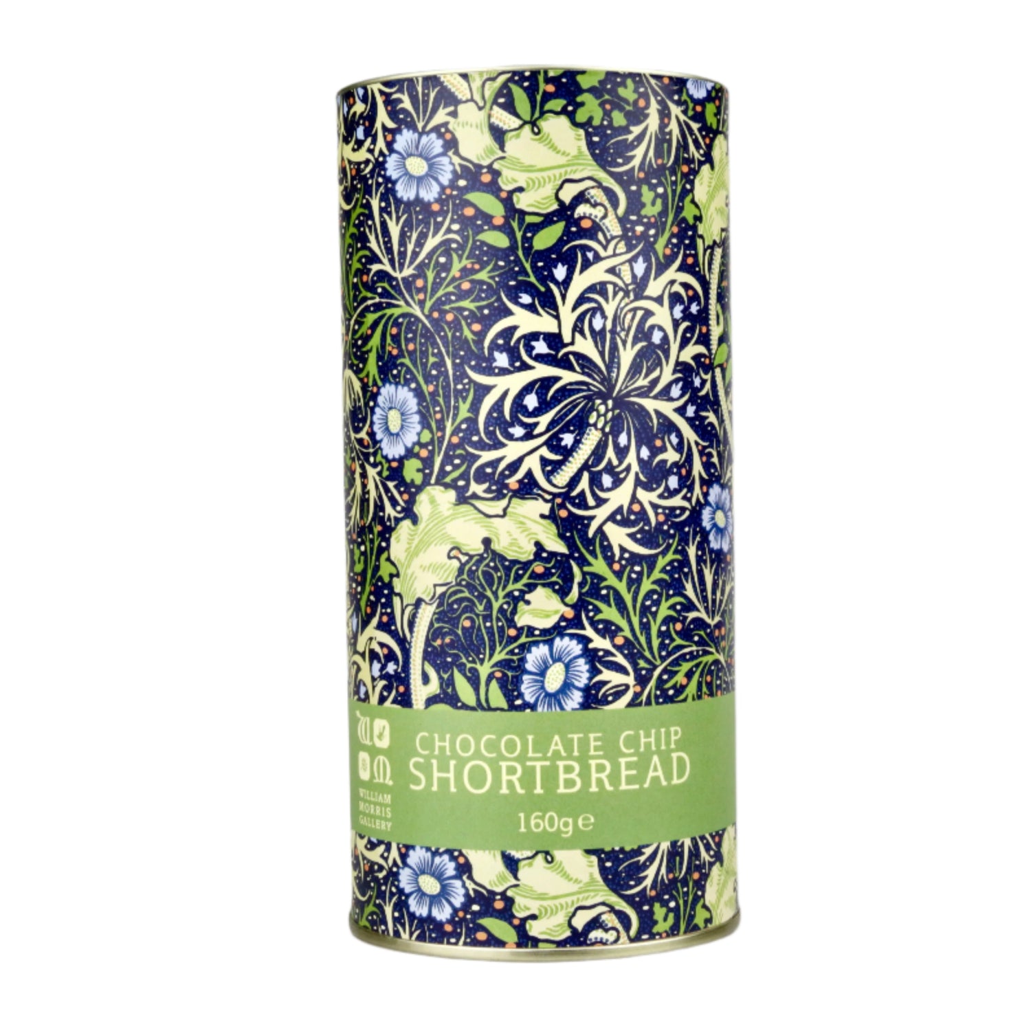Floral-patterned cylindrical cookie tin with 'Chocolate Chip Shortbread' text on a gray background