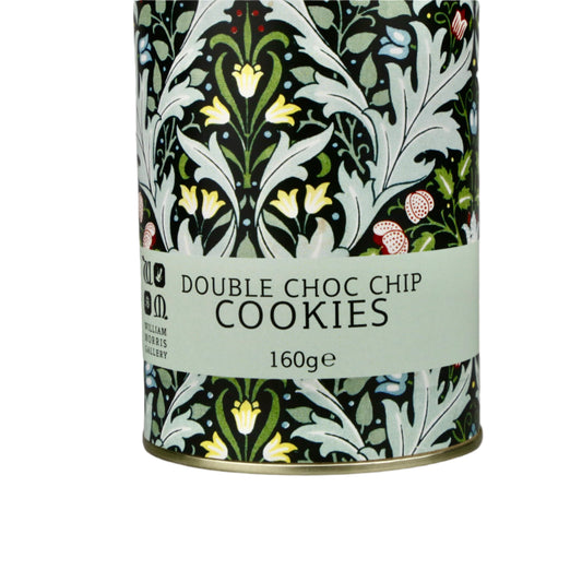 Canister of double choc chip cookies with decorative label on a gray background