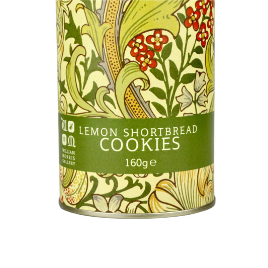 Lemon shortbread cookies can with decorative label on a gray background