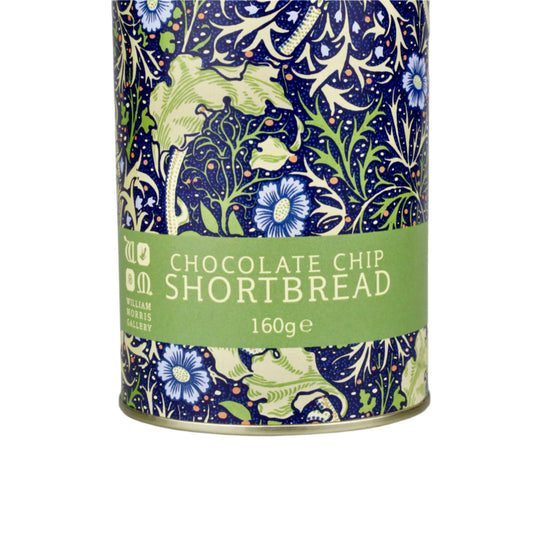 Decorative canister of chocolate chip shortbread with floral and nature-themed design.