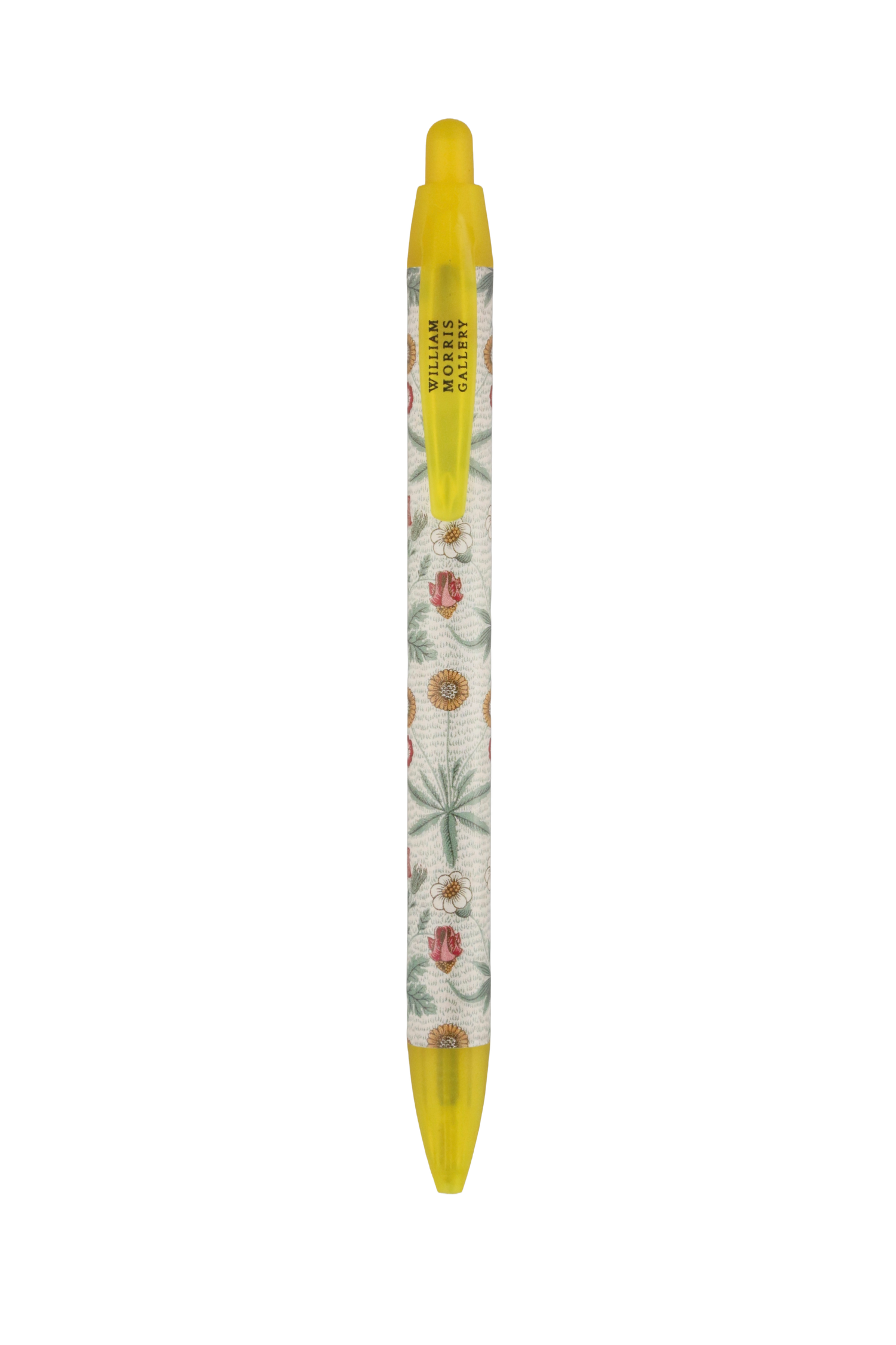A retractable gel pen with a yellow cap and tip, featuring a clear barrel decorated with a vintage botanical pattern of green leaves and red flowers on a white background.