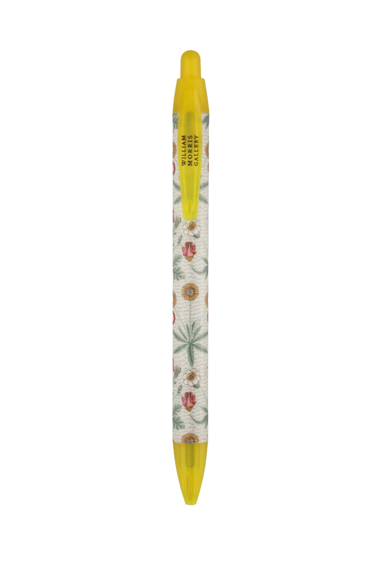 A retractable gel pen with a yellow cap and tip, featuring a clear barrel decorated with a vintage botanical pattern of green leaves and red flowers on a white background.
