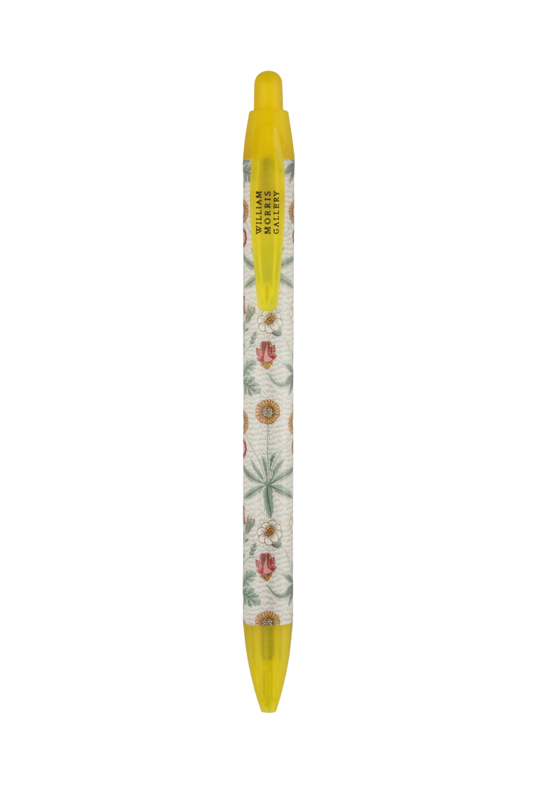 A retractable gel pen with a yellow cap and tip, featuring a clear barrel decorated with a vintage botanical pattern of green leaves and red flowers on a white background.