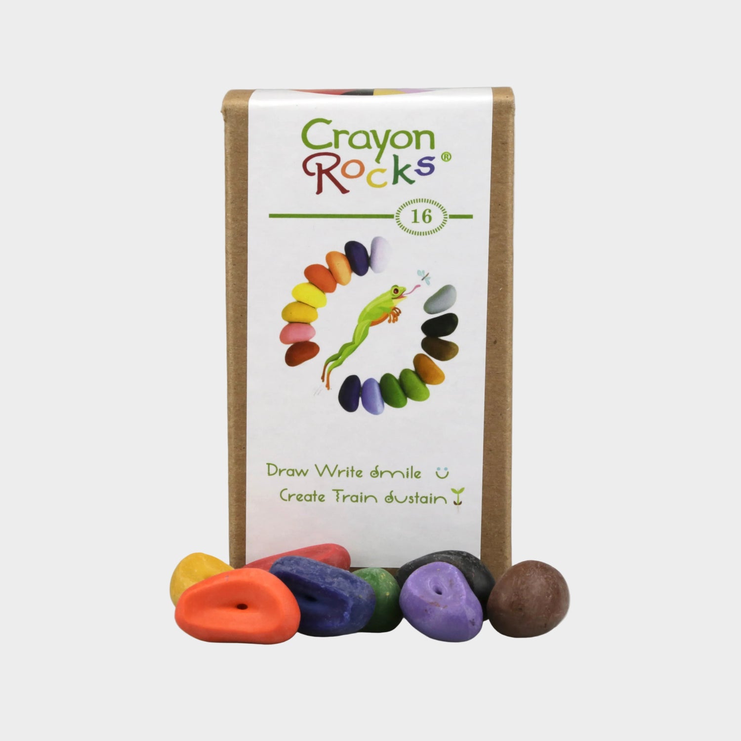 Crayon Rocks packaging with colorful rocks on a gray background