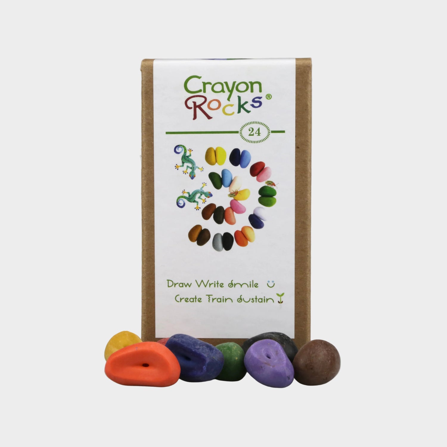 Crayon Rocks packaging with colorful rocks on a gray background