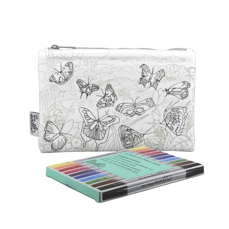 A white zippered pouch with a black line-art butterfly pattern, shown with a matching set of colored pencils in front on a neutral gray background.