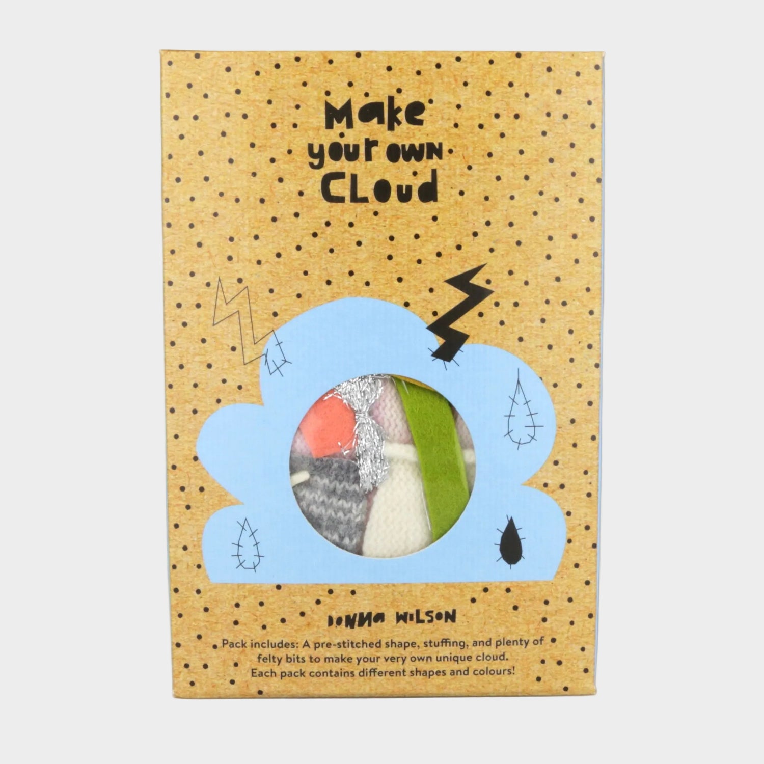 Packaging for 'Make Your Own Cloud' craft kit with cloud design and text on a gray background