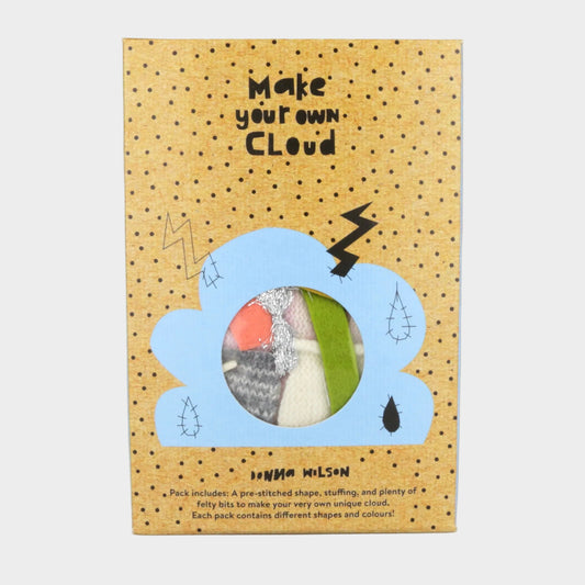 Packaging for 'Make Your Own Cloud' craft kit with cloud design and text on a gray background