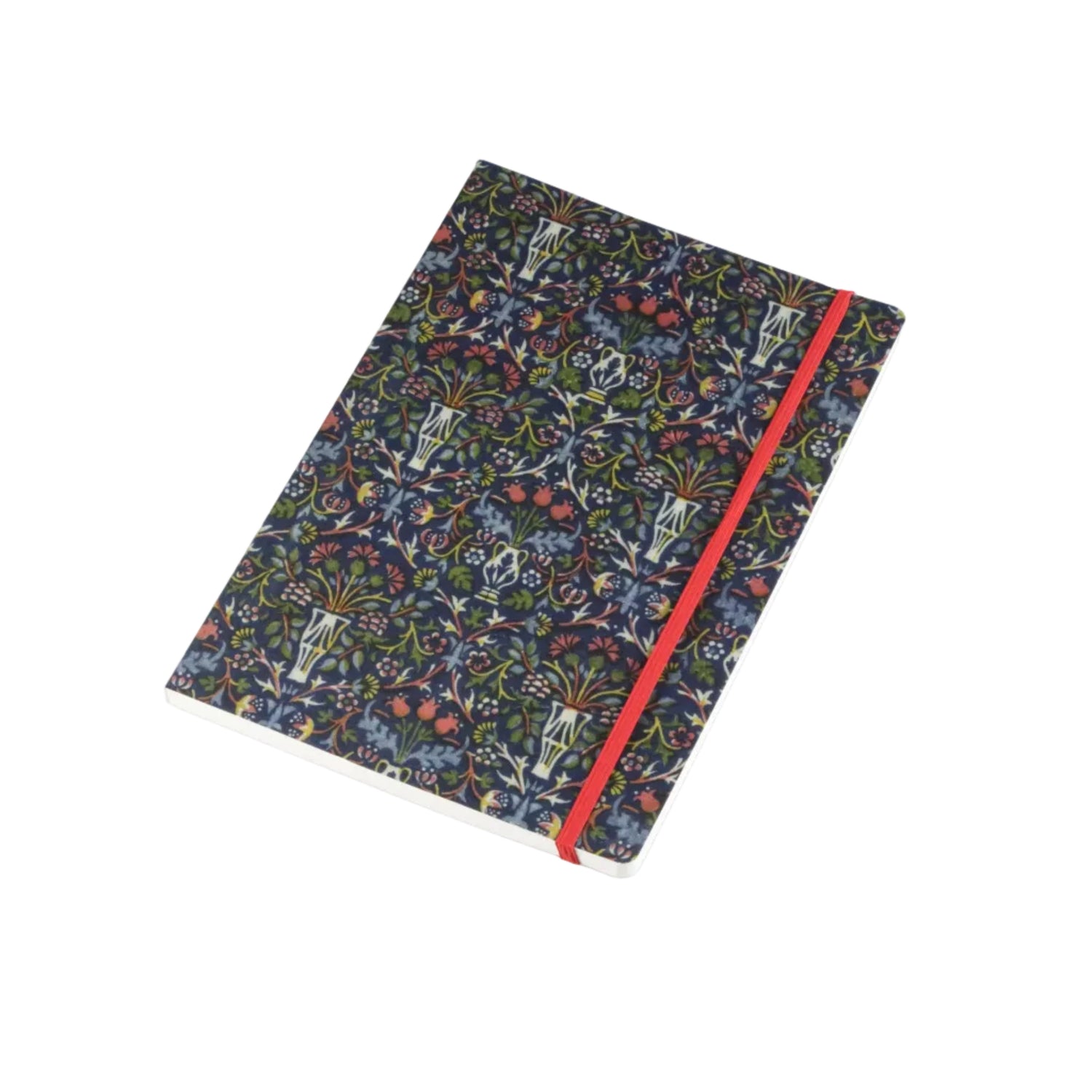 A hardcover notebook with a dense, multicolored floral and botanical pattern on a dark background, featuring a red elastic closure band, photographed on a clean white surface.