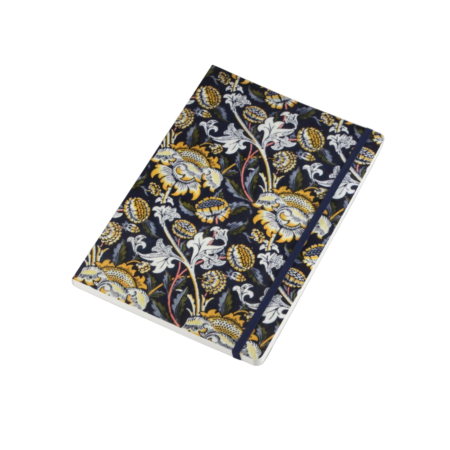 A hardcover notebook with a dark navy blue cover featuring a detailed floral and botanical pattern in gold, white, and light blue, secured with a matching navy elastic band, shown on a neutral light gray background.