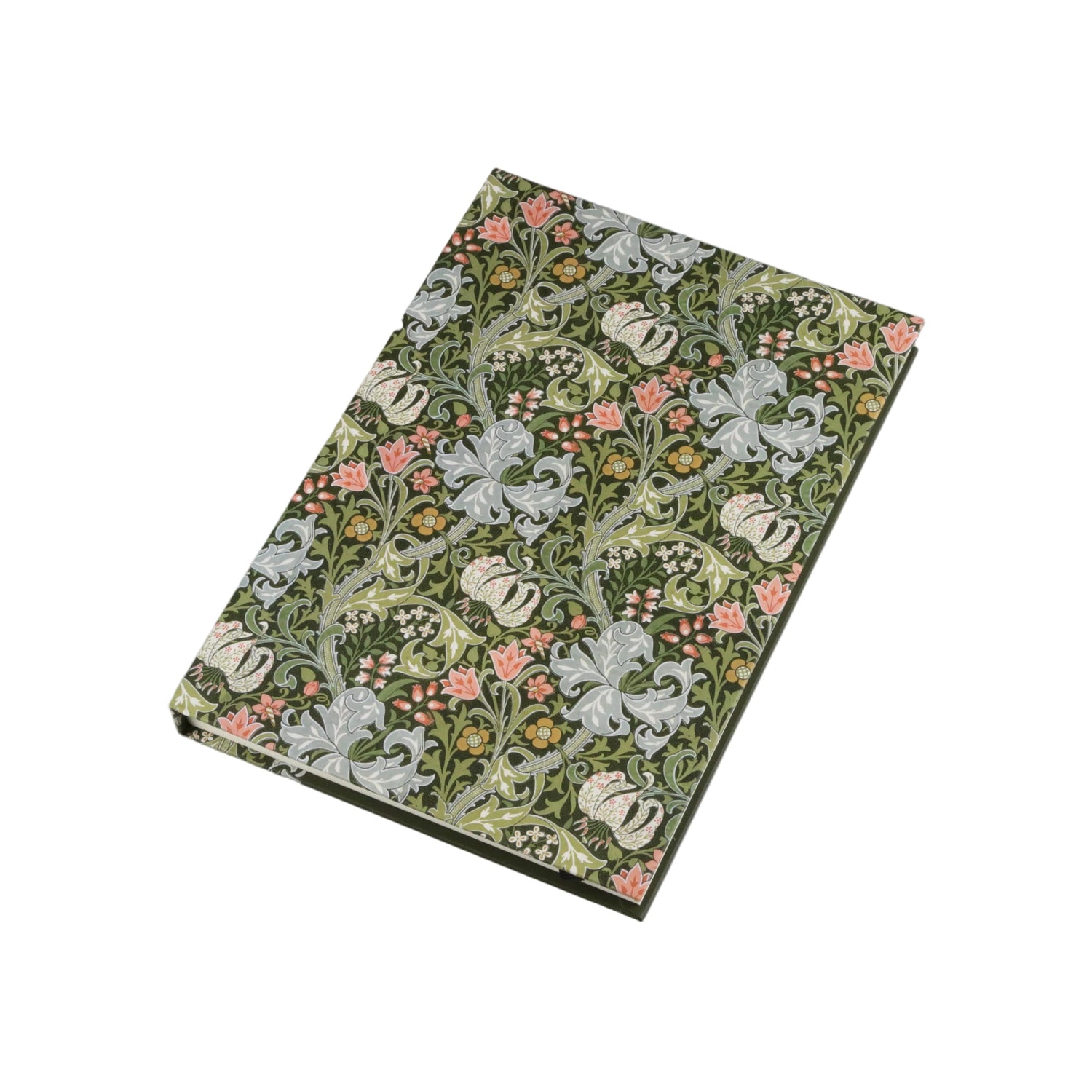 A rectangular fabric notebook or journal with a vintage floral pattern in muted green, pink, and cream, photographed on a neutral light gray background.