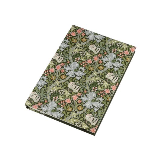 A rectangular fabric notebook or journal with a vintage floral pattern in muted green, pink, and cream, photographed on a neutral light gray background.