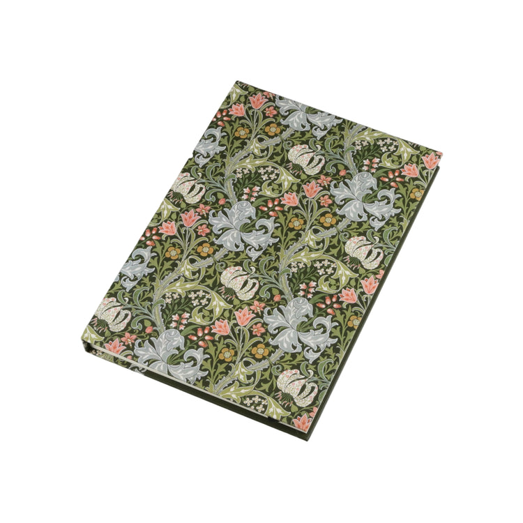 A rectangular fabric notebook or journal with a vintage floral pattern in muted green, pink, and cream, photographed on a neutral light gray background.