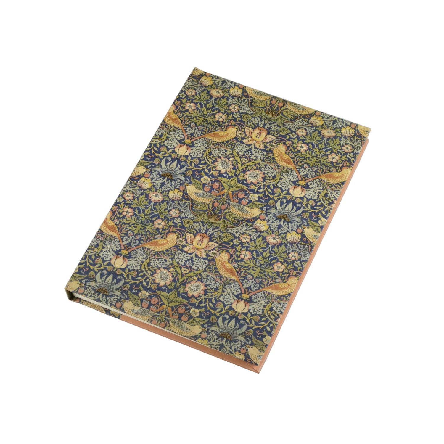 A hardcover book with a dense floral and bird pattern on the cover, photographed on a clean light gray background.