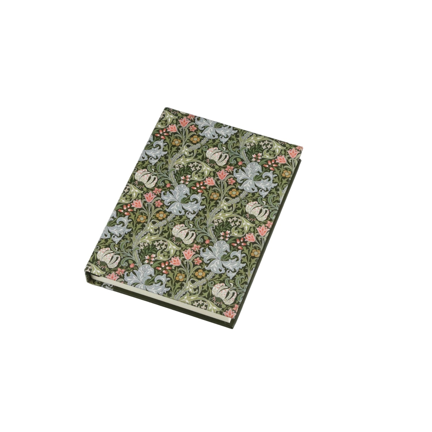 A small hardcover notebook or journal with a detailed floral and botanical pattern in muted green, pink, and white, shown on a neutral light gray background.