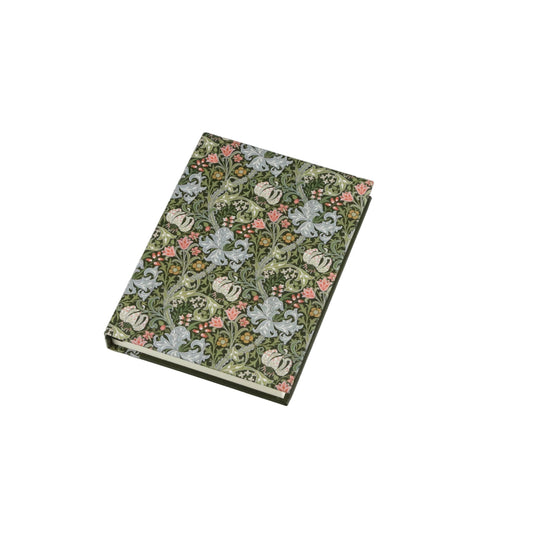 A small hardcover notebook or journal with a detailed floral and botanical pattern in muted green, pink, and white, shown on a neutral light gray background.