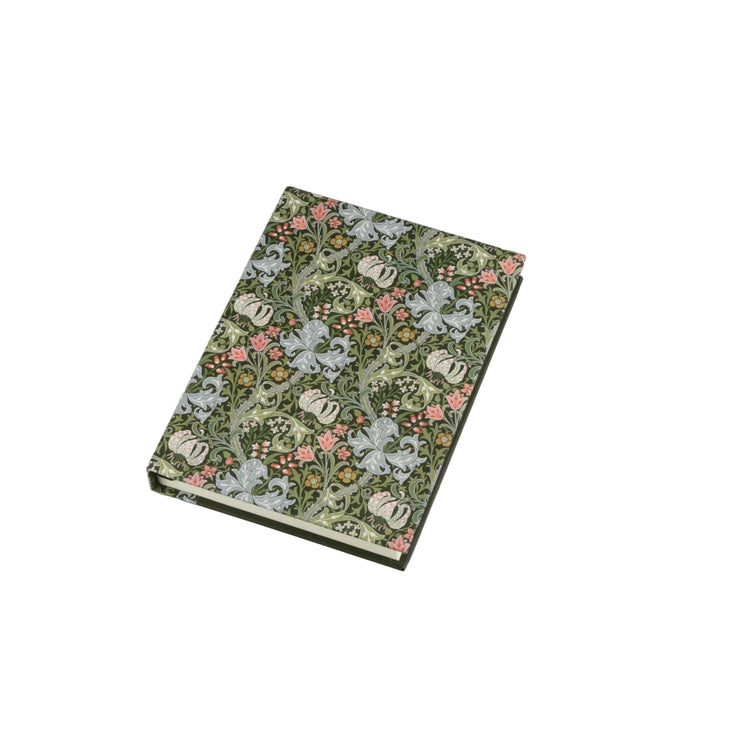 A small hardcover notebook or journal with a detailed floral and botanical pattern in muted green, pink, and white, shown on a neutral light gray background.