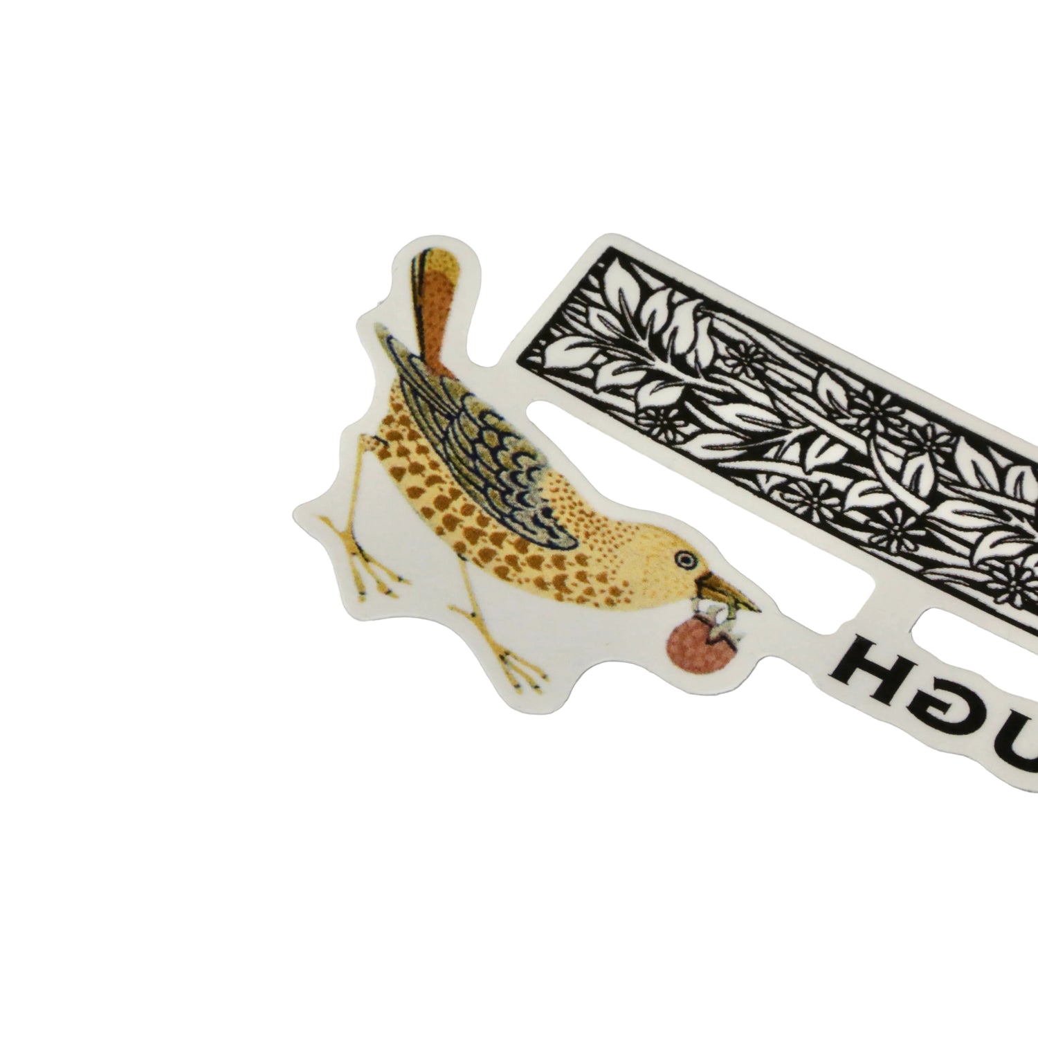 Decorative bookmark with bird illustration and floral patterns on a gray background
