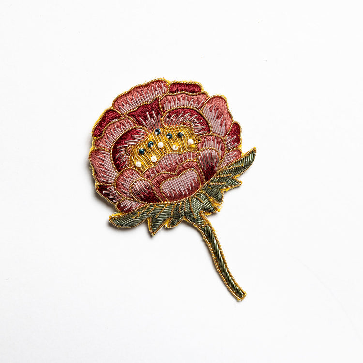 May Morris Inspired Hand Embroidered Peony Brooch by Hand & Lock