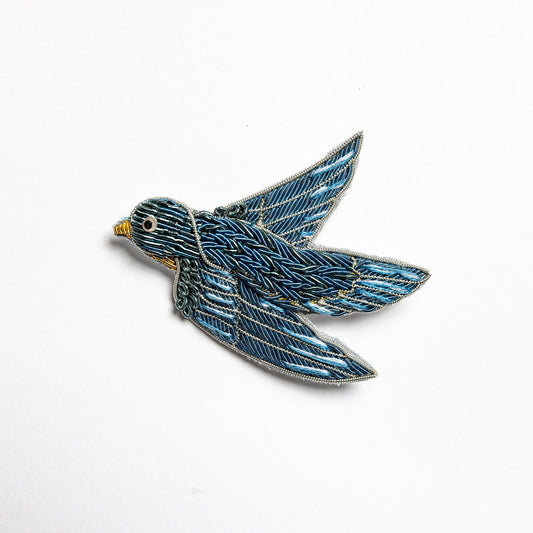 May Morris Inspired Hand Embroidered Blue Bird Brooch by Hand & Lock