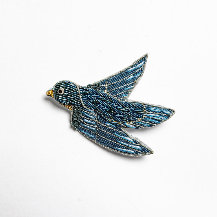 May Morris Inspired Hand Embroidered Blue Bird Brooch by Hand & Lock