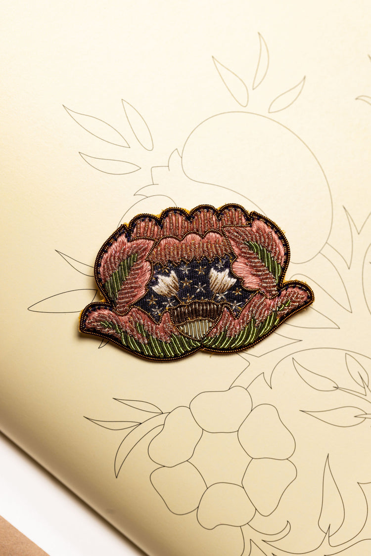 May Morris Inspired Hand Embroidered Dianthus Brooch by Hand & Lock