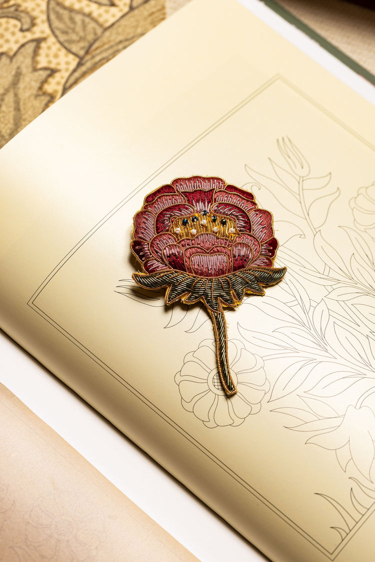 May Morris Inspired Hand Embroidered Peony Brooch by Hand & Lock