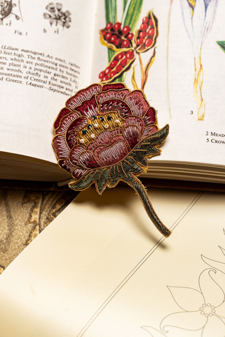 May Morris Inspired Hand Embroidered Peony Brooch by Hand & Lock